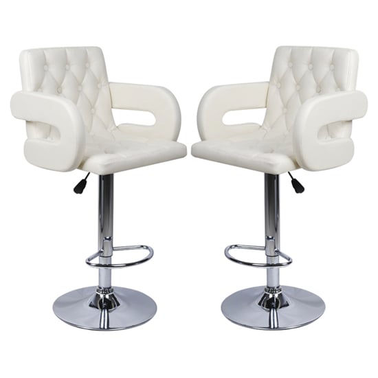 Silvis Adjustable White Faux Leather Bar Stools In Pair