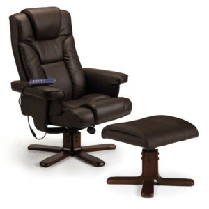 Maeryn Leather Massage Recliner Chair And Foot Stool In Brown