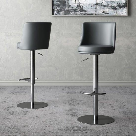 Banbury Grey Leather Bar Stools With Steel Base In Pair