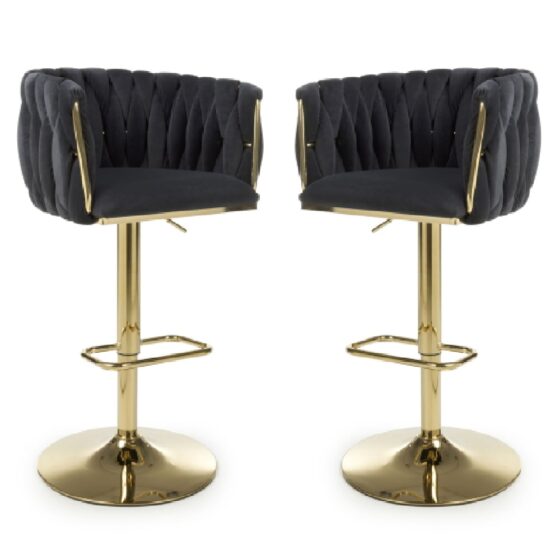 Bangor Black Velvet Bar Stools With Gold Base In Pair