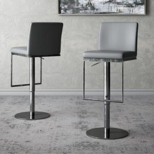 Eccles Grey Leather Bar Stools With Chrome Base In Pair