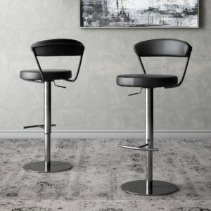 Glossop Black Leather Bar Stools With Chrome Base In Pair