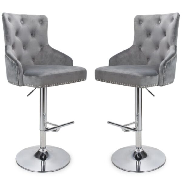 Rivne Grey Velvet Bar Stools With Chrome Base In Pair