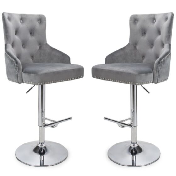 Rivne Grey Velvet Bar Stools With Chrome Base In Pair