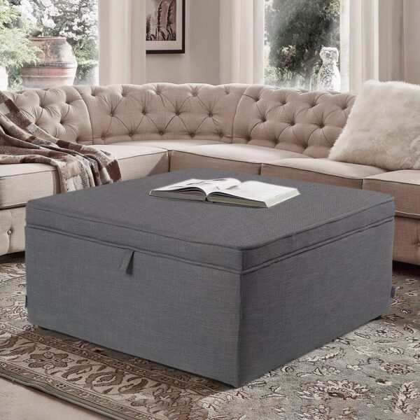 Linen Upholstered Storage Ottoman Footstool