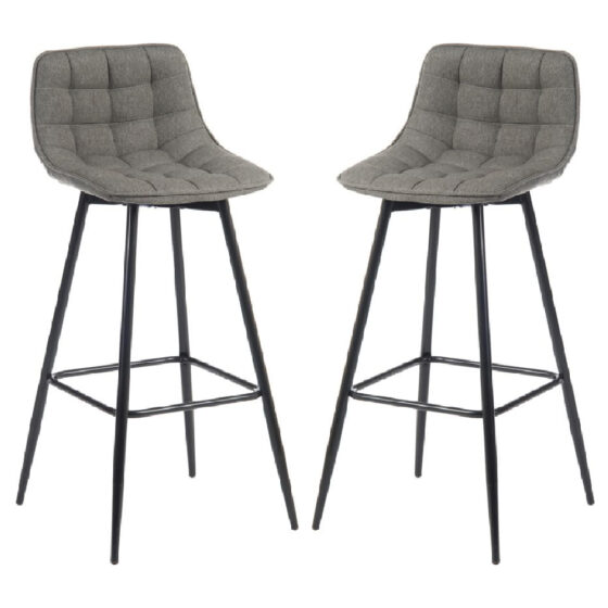 Quebec Grey Fabric Bar Stools With Black Legs In Pair